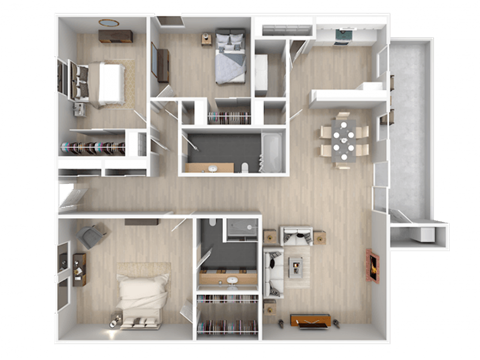 A detailed 3D floor plan of a house showing all rooms and their layout.